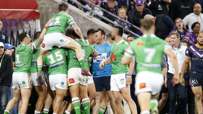 Raiders players celebrate their win over Melbourne at AAMI. Picture: Getty Images