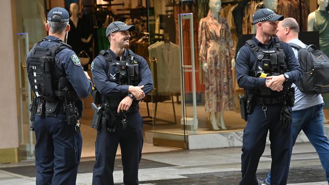 Police patrols in Rundle Mall on Thursday. Picture: Keryn Stevens