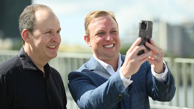 Acting Premier Stephen Miles takes a selfie with Star Casino CEO Robbie Cooke on the new Neville Bonner Bridge. Picture: Lyndon Mechielsen/Courier Mail