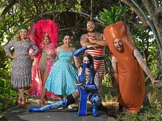Adelaide Fringe performers at Carrick Hill for release of 60th anniversary program: Carla Anita Mattiazzo from Carla’s Confessional Cabaret, Alessia Scriva from Frolic and Follies, Monski Mouse from Monski Mouse’s Baby Cabaret, Jordan Steffens from The King Of The Circus, Saskia De Muir from Immoral Kombat and Callan Fleming from Perfect Match(stick) by The Redhead Cabaret. Picture: TOM HUNTLEY