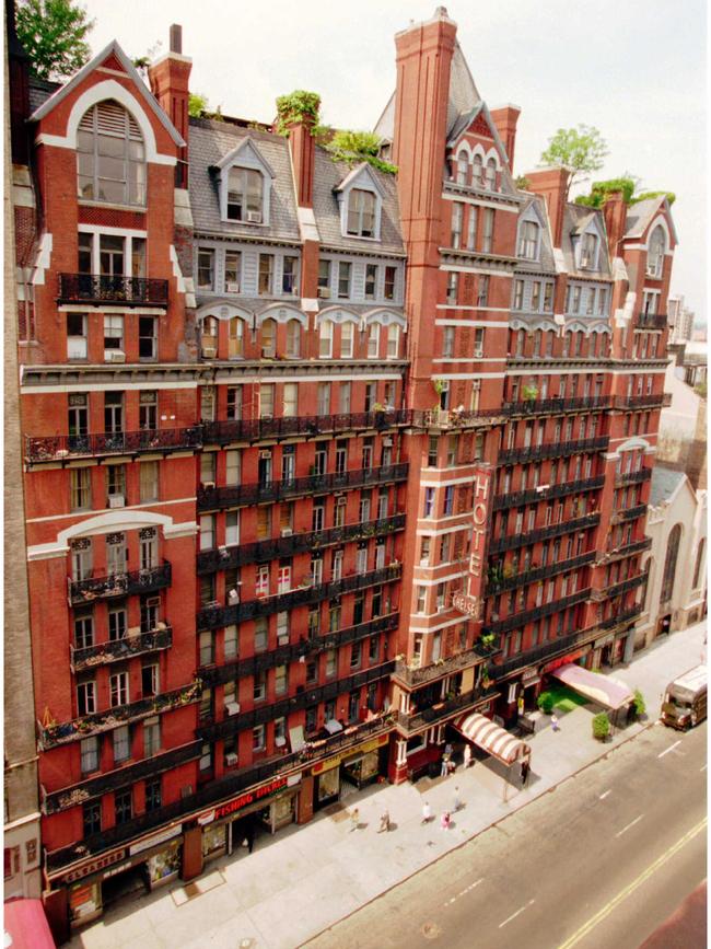 The Chelsea Hotel building looms above West 23rd Street in New York.