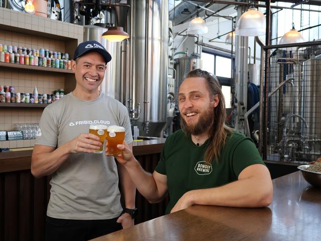 Frigid.Cloud chief executive Jassa Amir Lang with Bowden Brewing co-founder Alex Marschall. Picture: Supplied by Frigid.Cloud