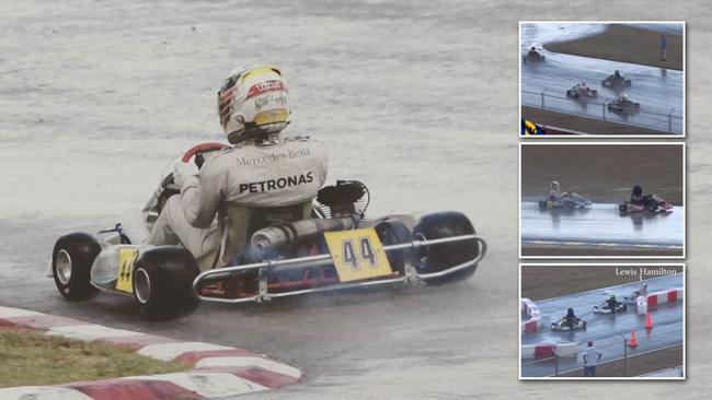 Lewis Hamilton took on the kids in a cameo kart race appearance in Barbados.