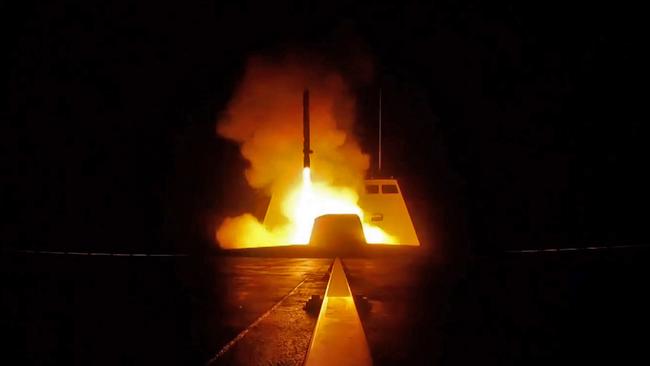 A picture released by the French Defence audiovisual communication and production unit (ECPAD) shows the launching of a cruise missile from a French military vessel in the Mediterranean sea towards targets in Syria. Picture: AFP