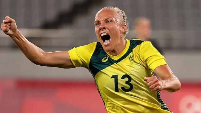 Tameka Yallop celebrates after she started the ball rolling for the Matildas with the opening goal. Picture: Getty Images