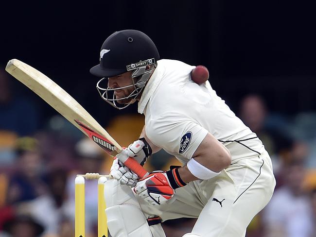 Brendon McCullum wears a vicious Mitchell Starc bouncer.