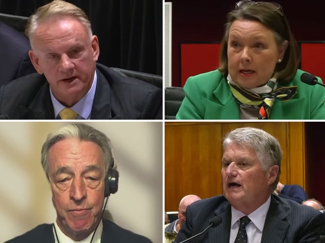 Mark Latham, top left, quizzed ATC representatives including Director Caroline Searcy, top right, vice-chair Tim Hale, bottom left, and Chairman Peter McGauran, bottom right, during a parliamentary inquiry into the sale of Rosehill Racecourse. Pictures: Supplied