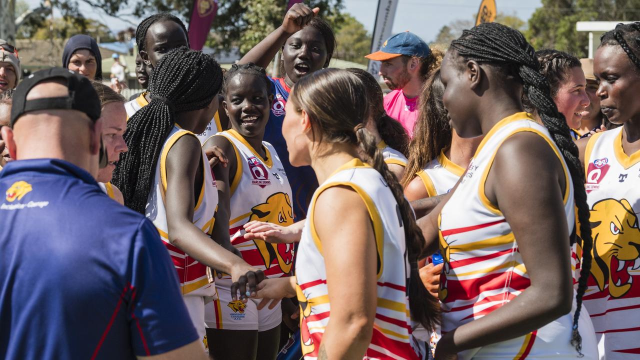 University Cougars during a break against Toowoomba Tigers in AFL Darling Downs Toowoomba Toyota Cup senior women grand final at Rockville Park, Saturday, September 2, 2023. Picture: Kevin Farmer