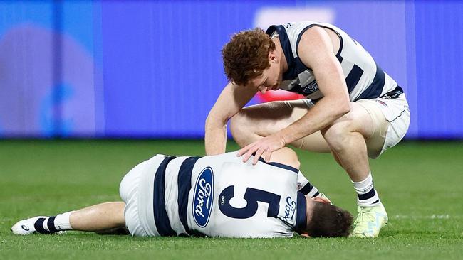 Gary Rohan showed immediate concern for Cameron. (Photo by Michael Willson/AFL Photos via Getty Images)