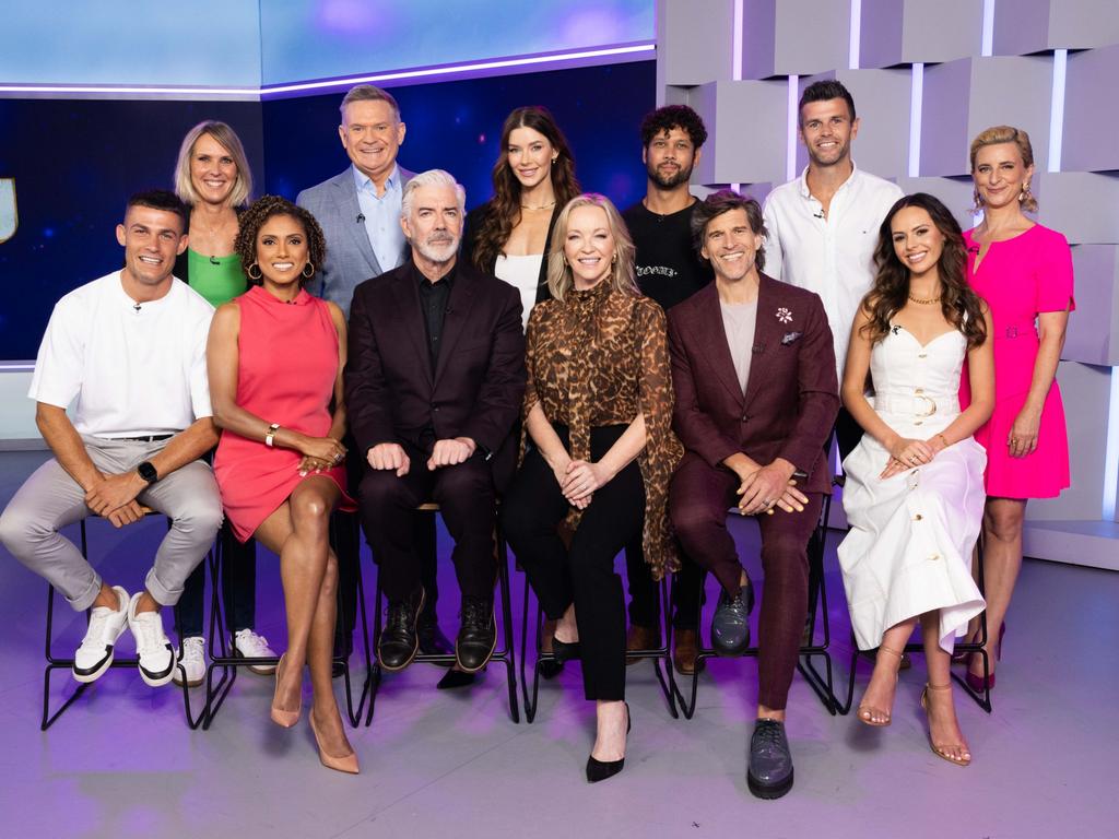 The Dancing With The Stars 2025 line-up. Back: Susie O’Neill, Michael Usher, Brittany Hockley, Kyle Shilling, Trent Cotchin, Felicity Ward. Front: Harry Garside, Karina Carvalho, Shaun Micallef, Rebecca Gibney, Osher Günsberg, Mia Fevola