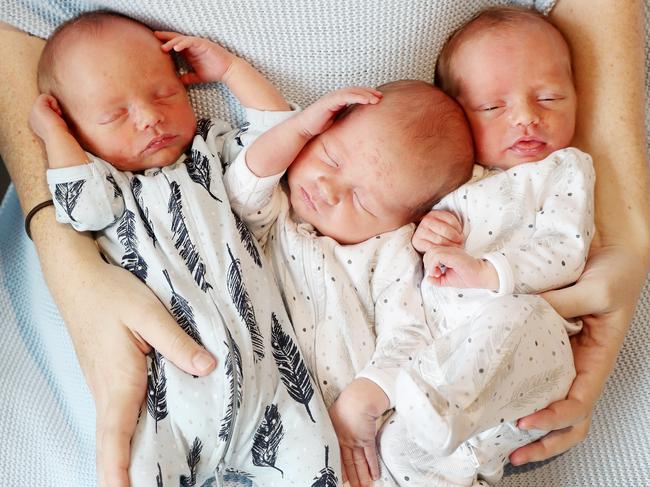 Hugo, Jack and Darcy Strutt pictured on their last day in hospital. Picture: Sue Graham