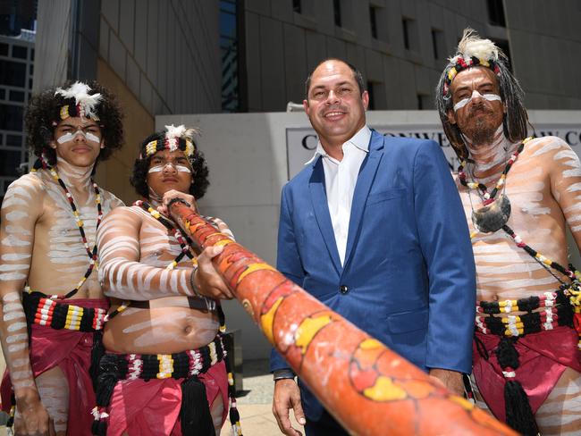 Cameron Costello with Josh Walker and young Quandamooka tribesmen outside court on the day of the Moreton Island native title determination.