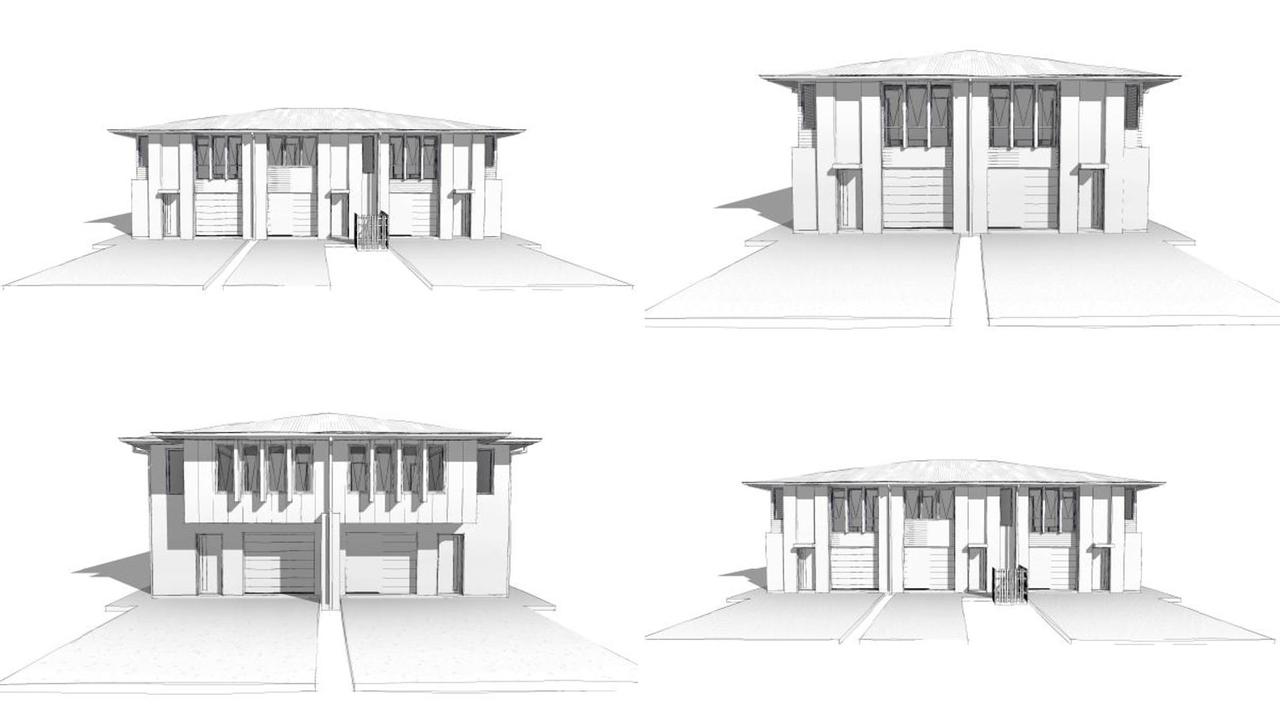 The four different duplex and triplex design types: contemporary, urban, hampton, and plantation.