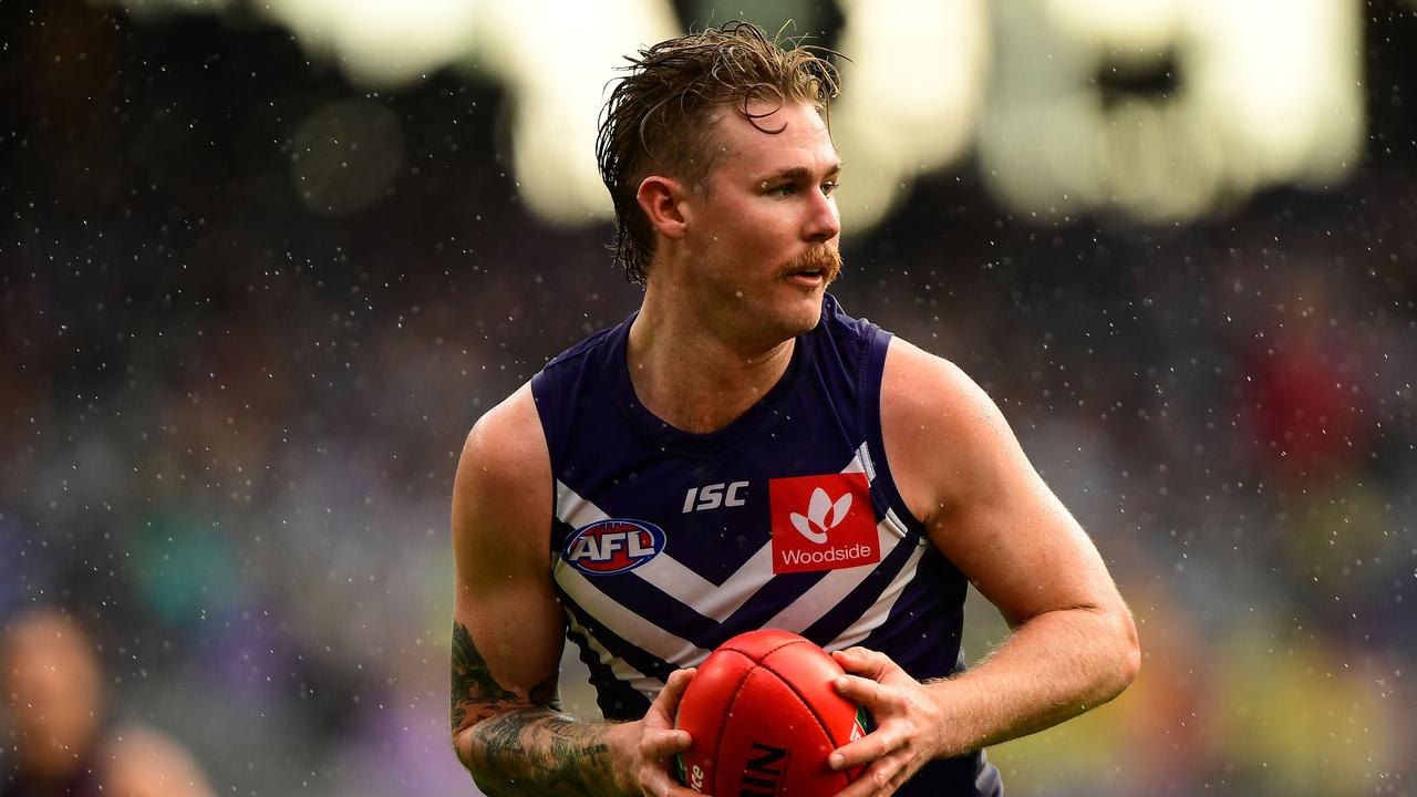 PERTH, AUSTRALIA - MAY 27: Cam McCarthy of the Dockers in action during the 2018 AFL round 10 match between the Fremantle Dockers and the North Melbourne Kangaroos at Optus Stadium on May 27, 2018 in Perth, Australia. (Photo by Daniel Carson/AFL Media/Getty Images)