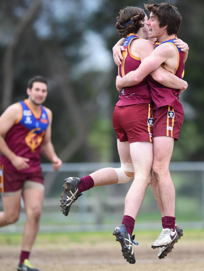 Tyabb teammates Lachie Cox and Jake Anderson celebrate.