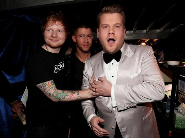 Ed Sheeran, Nick Jonas and GRAMMY Awards host James Corden attend The 59th GRAMMY Awards at STAPLES Center on February 12, 2017 in Los Angeles, California. Picture: Getty