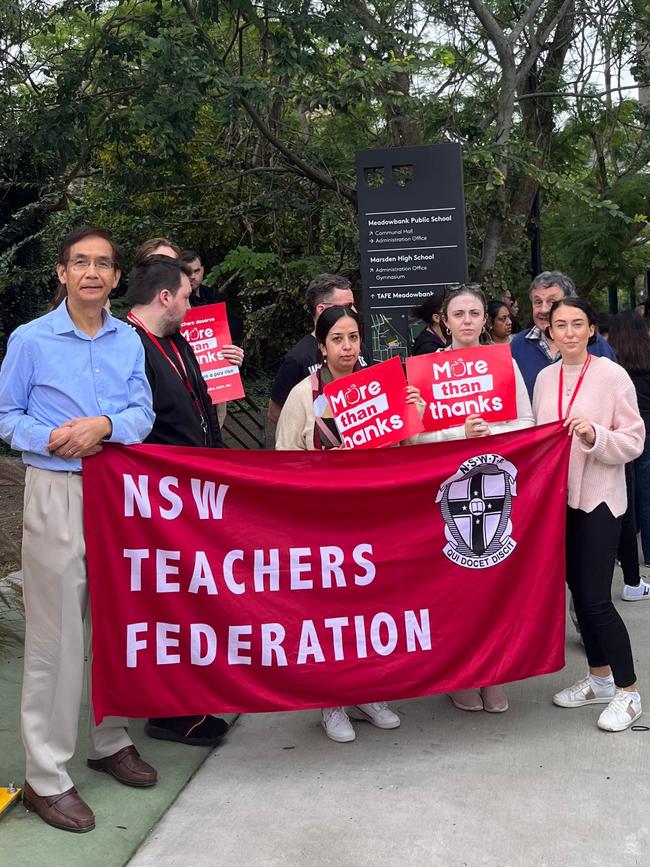 Marsden High School teachers walked out of classrooms as Dominic Perrottet toured the facility on Wednesday. Picture: Angira Bharadwaj