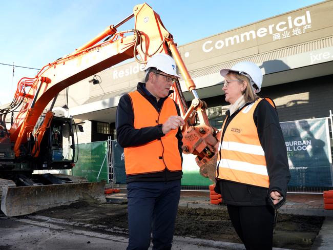 Allan with her predecessor Daniel Andrews on the site of the Suburban Rail Loop in Clayton. Picture: Andrew Henshaw