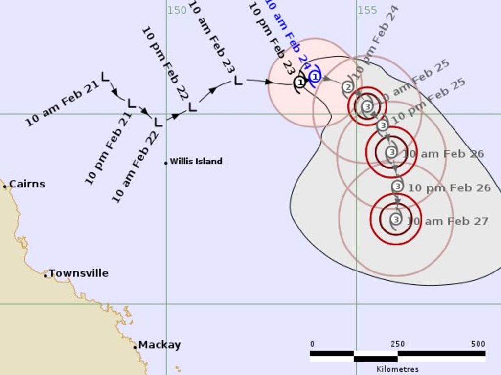 The latest tracking path for Cyclone Alfred, issued by the Bureau of Meteorology at 10.44am on Monday.