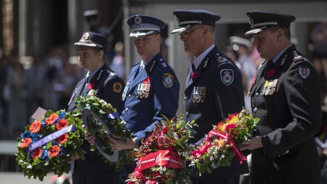 Chief Superintendent Allison Flaxman, NSW State Emergency Services, left, Superintendent Jonathan Beard, NSW Police Force, Deputy Commissioner Kyle Stewart, NSW Rural Fire Services, and Commissioner Jeremy Fewtrell, NSW Fire and Rescue during the Remembrance Day Service in Sydney, Saturday, November 11 2023. Picture: POOL/Brent Lewin/ NCA NewsWire