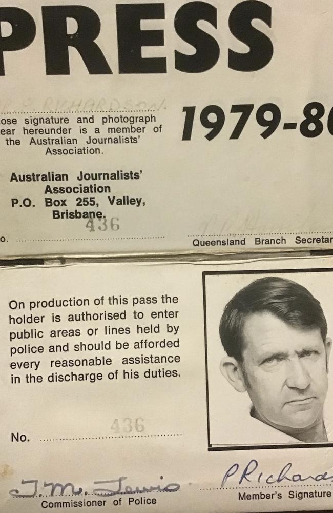 Peter Richardson's press pass was signed by corrupt cop Terry Lewis, the former Queensland Police Commissioner.