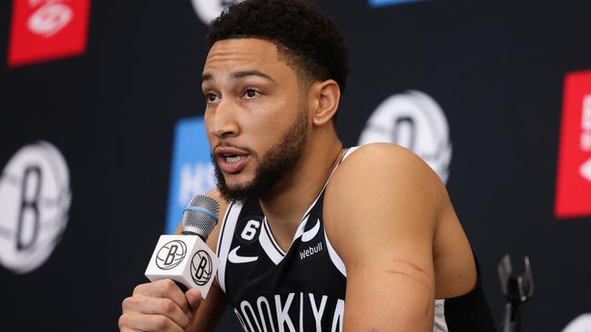 NEW YORK, NEW YORK - SEPTEMBER 26: Ben Simmons #10 of the Brooklyn Nets speaks at the podium during a press conference at Brooklyn Nets Media Day at HSS Training Center on September 26, 2022 in the Brooklyn borough of New York City. NOTE TO USER: User expressly acknowledges and agrees that, by downloading and/or using this photograph, User is consenting to the terms and conditions of the Getty Images License Agreement. (Photo by Dustin Satloff/Getty Images)