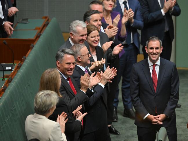 Federal Treasurer Jim Chalmers is applauded after handing down the 2024-25 Budget in the House of Representatives at Parliament House in Canberra, Tuesday, May 14, 2024. (AAP Image/Mick Tsikas) NO ARCHIVING