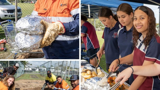 Students at Mackay State High School have helped prepare a Torres Strait Islander style Kup Murri for the whole school over three days. Picture: Michaela Harlow