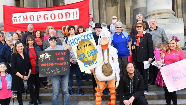 The Save the Hopgood Theatre group photographed staging a protest on the steps at Parliament House last year. Picture: AAP/ Keryn Stevens.