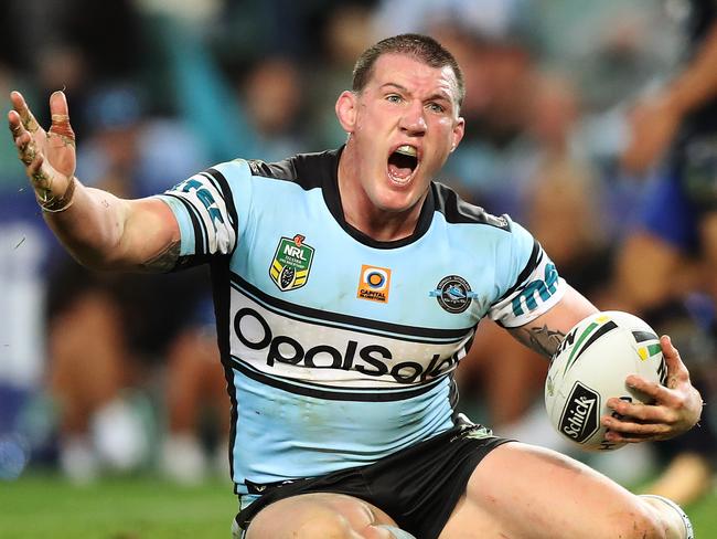 Cronulla's Paul Gallen reacts to a decision by referee Ashley Klein during the Cronulla v Cowboys Elimination Final at Allianz Stadium, Sydney. Picture: Brett Costello