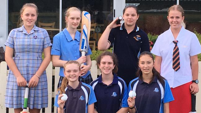 Gold Coast Dolphins young guns. Back-row from left: Grace Parsons, Carlia Blunt, Sophie Squires, Ella Cornelius. Front-row from left: Emma Taylor, Hayley Campbell and Elana Nairn.