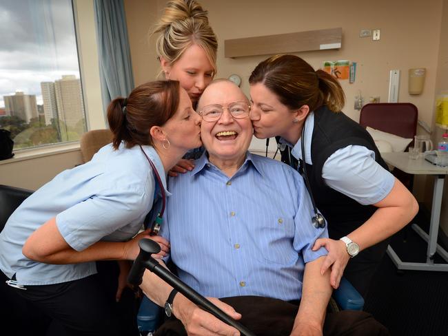 Bert Newton with nurses Karlie Cooper, Janah Sweet and Melissa Santaera at the Epworth Hospital after having heart surgery.