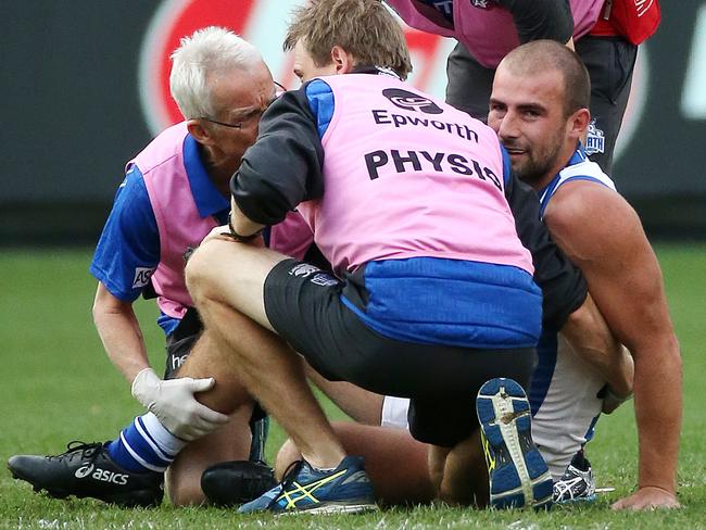 Ben Cunnington went down early with an ankle injury but returned to have a major influence. Picture: George Salpigtidis’