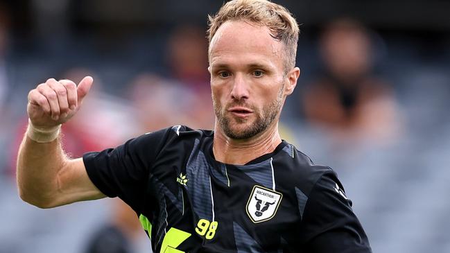 SYDNEY, AUSTRALIA - FEBRUARY 09: Valere Germain of the Bulls warms up prior to the round 18 A-League Men match between Macarthur FC and Western United at Campbelltown Stadium, on February 09, 2025, in Sydney, Australia. (Photo by Brendon Thorne/Getty Images)