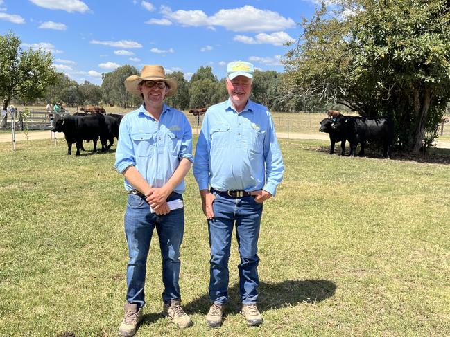 Vendors Tom Hicks and his dad Andrew Hicks of Hicks Beef at Holbrook. Picture: Nikki Reynolds