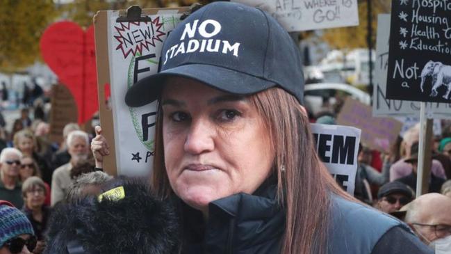 Senator Jacqui Lambie spoke out at an anti Macquarie Point stadium rally in Hobart on Saturday, May 13.