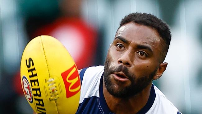 MELBOURNE - APRIL 10: Esava Ratugolea of the Cats in action during the 2023 AFL Round 04 match between the Geelong Cats and the Hawthorn Hawks at the Melbourne Cricket Ground on April 10, 2023 in Melbourne, Australia. (Photo by Michael Willson/AFL Photos via Getty Images)