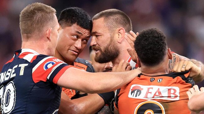 Young Tigers young gun Stefano Utoikamanu came head-to-head with Jared Waerea-Hargreaves. Picture: NRL Photos