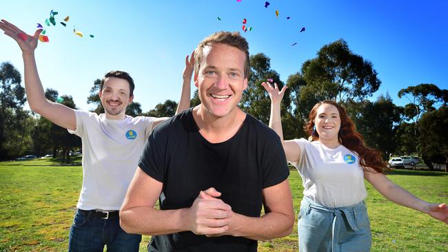 Jules Lund with Happow founders Brendan Lucas and his wife Gianna. Picture: Nicki Connolly