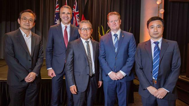 Premier Peter Malinauskas with Chinese delegates at the Sky City Ballroom on Tuesday night ahead of his trip to China this week. Picture: Ben Clark