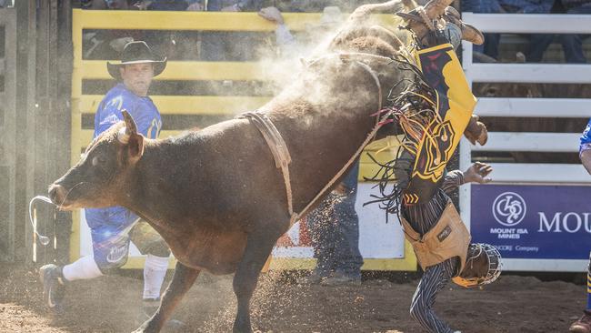 Rodeo rider Edward Jupiter. Action from the Mount Isa Rodeo. Picture: Peter Wallis