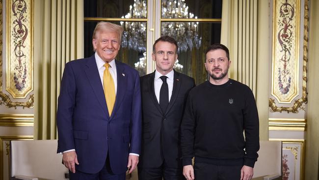 US president-elect Donald Trump, France’s President Emmanuel Macron and Ukraine's President Volodymyr Zelensky, pictured before a meeting in Paris on December 7, 2024. Picture: AFP