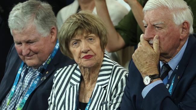 Tennis great Margaret Court at Rod Laver Arena alongside her husband Barry, right, and former Tennis Australia president Geoff Pollard. Picture: Michael Klein