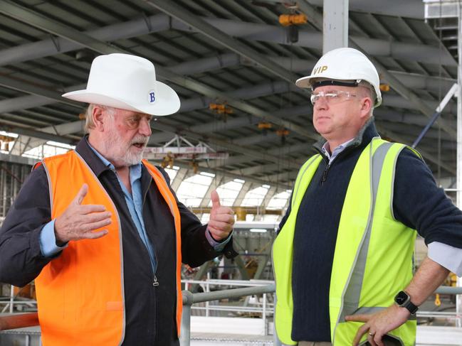 Incat founder Bob Clifford talks to Premier Jeremy Rockliff at his Derwent Park site. Mr Clifford is recommending the Spirit of Tasmania IV should be brought home for short cruises and day trips. Picture: David Killick