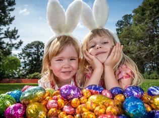 Easter Egg Hunt. Lees sisters Jessica (3) and Caitlin (4) with their hord of chocolate easter eggs. Picture: Jake Nowakowski