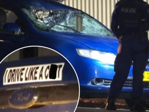 A bumper sticker on a Ford Falcon allegedly involved in a fatal crash overnight. Picture: 2GB