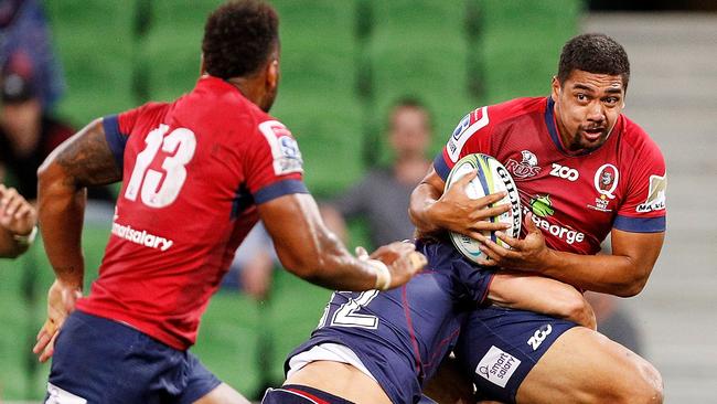 MELBOURNE, AUSTRALIA - FEBRUARY 23:  Chris Feauai-Sautia of the Reds runs with the ball during the round two Super Rugby match between the Melbourne Rebels and the Queensland Reds at AAMI Park on February 23, 2018 in Melbourne, Australia.  (Photo by Daniel Pockett/Getty Images)