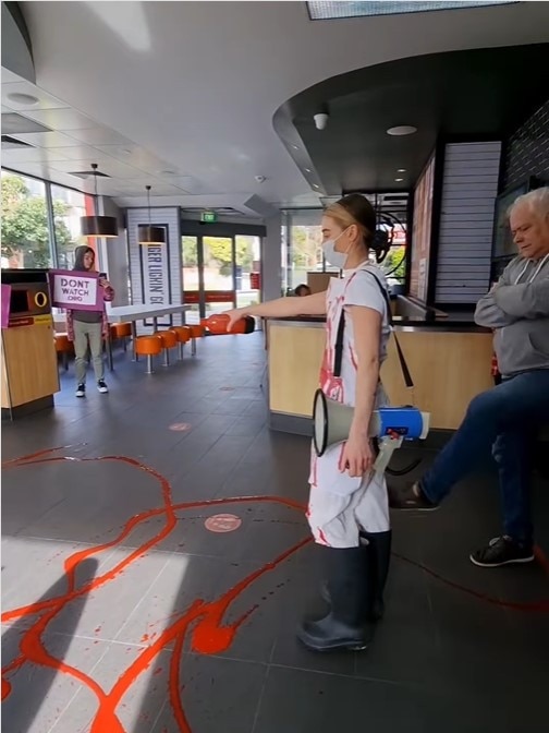 Dressed as an abattoir worker, she smeared and poured red paint around the store. Picture: Instagram