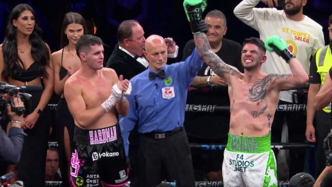 Michael Zerafa celebrates his win over Issac Hardman at Melbourne Convention Centre.