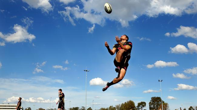 Dallin Watene-Zelezniak goes up high to take a bomb during the Penrith Panther training session at Panthers Rugby League Academy, Penrith. Picture: Gregg Porteous